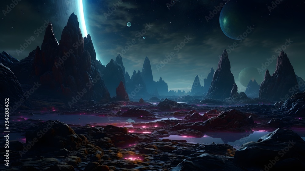 An alien landscape with bioluminescent flora, strange rock formations, and an otherworldly sky