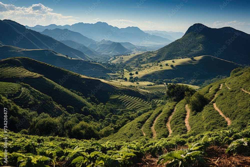 Coffee field in tropical mountain slope., generative IA