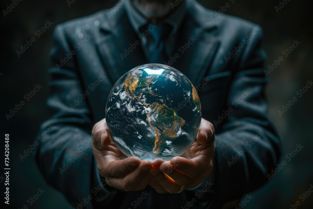 Global Market Mastery: Businessman with Glass Globe Global Market Mastery: Businessman with Glass Globe