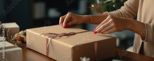Close up photo of female hands packaging products to parcels for transport company