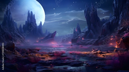 An alien landscape with bioluminescent flora, strange rock formations, and an otherworldly sky © Graphica Galore