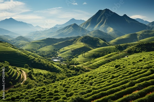Coffee field in tropical mountain slope.  generative IA