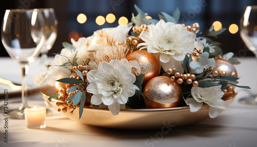 Elegant table decor candlelight, flowers, ornaments, and silverware generated by AI