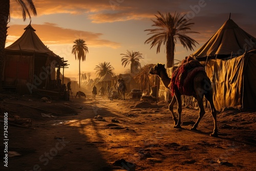 Nomadic village in the desert vibrant life in the sand., generative IA