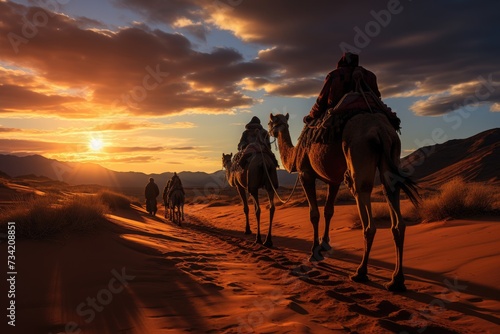 Caravan of camels crossing immense dunes., generative IA