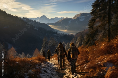 Adventurers on the mountain trail at sunset., generative IA