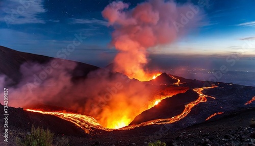 eruption lava flows out of the crater night landscape