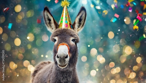 happy cute animal friendly donkey wearing a party hat celebrating at a fancy newyear or birthday party festive celebration greeting with bokeh light and paper shoot confetti surround party photo