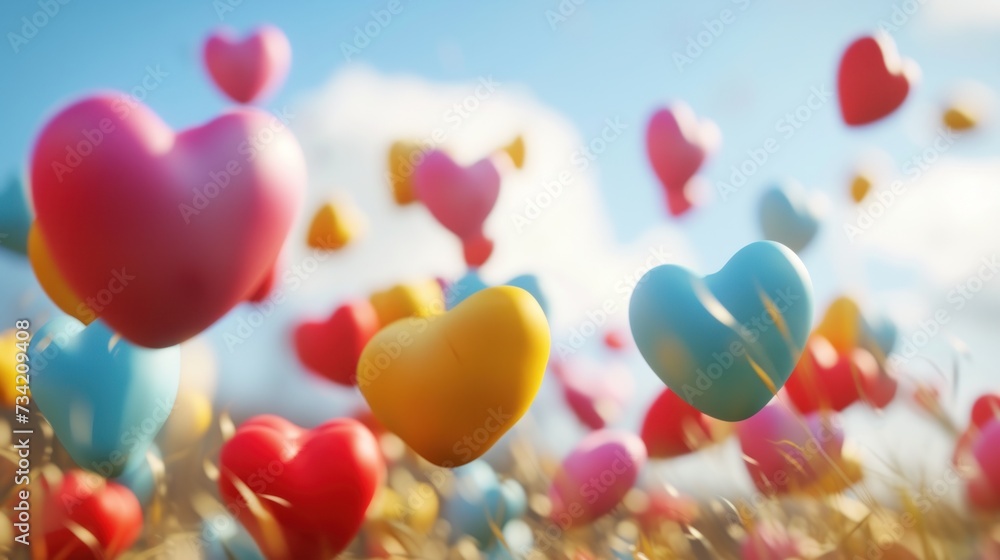  a bunch of heart shaped balloons floating in the air above a field of grass with a blue sky in the back ground and clouds in the sky above the ground.