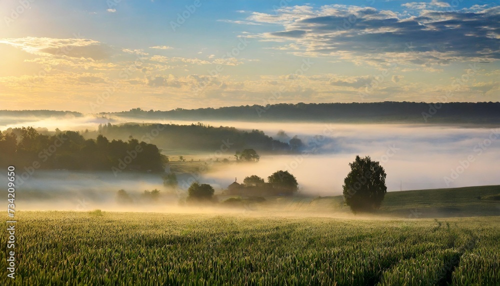 rural landscape at dawn with mist floating over the field