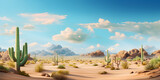 Illustration of desert sandy landscape with cactuses, mountains and blue sky