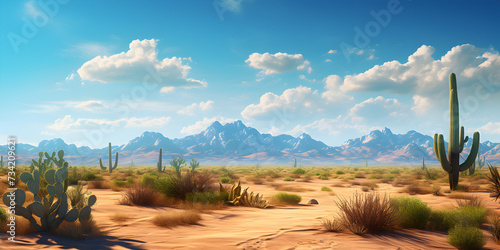 Desert sandy landscape with cactuses, mountains and blue sky
 photo