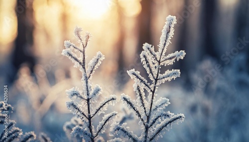 frosted plants in winter forest at sunrise beautiful winter nature background macro image shallow depth of field © Claudio
