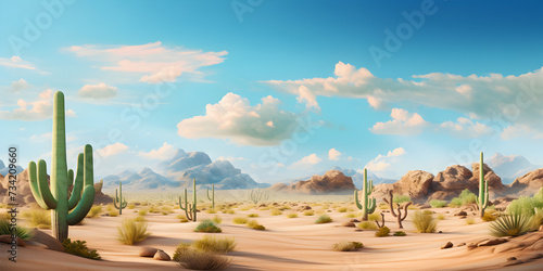 Illustration of desert sandy landscape with cactuses, mountains and blue sky