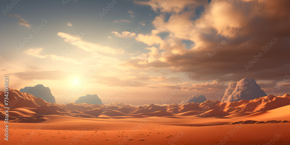 Desert sandy landscape with cactuses, mountains and blue sky
