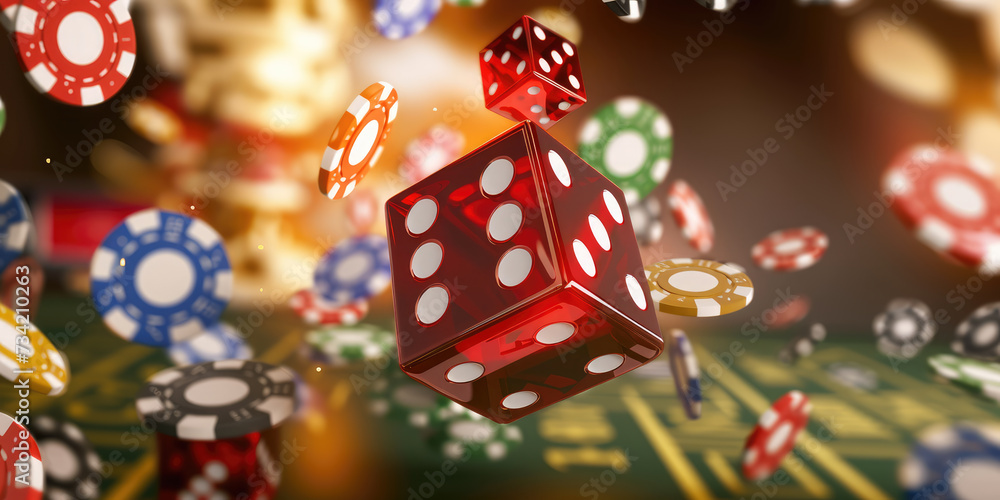 Dice and colorful poker chips in mid-air over a casino table, capturing the excitement and chance of gambling.