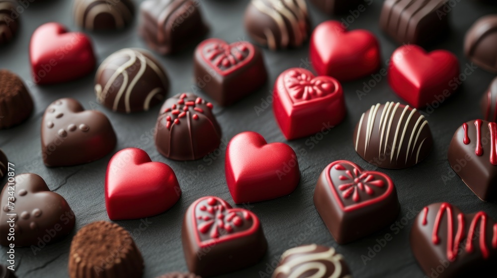 a table topped with lots of chocolates covered in red and white heart shaped candies on top of a black tablecloth covered in red and white heart shaped candies. a table topped with lots of chocolates covered in red and white heart shaped candies on top of a black tablecloth covered in red and white heart shaped candies.