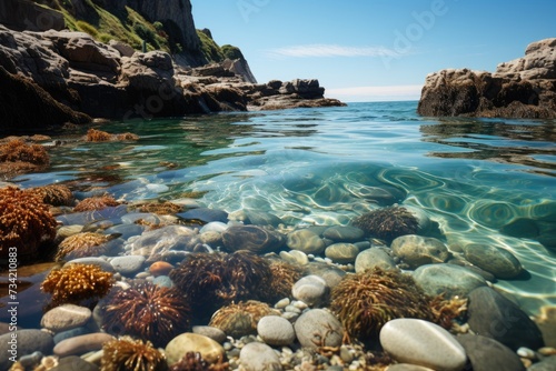 Rochy beach with pools full of marine life., generative IA photo