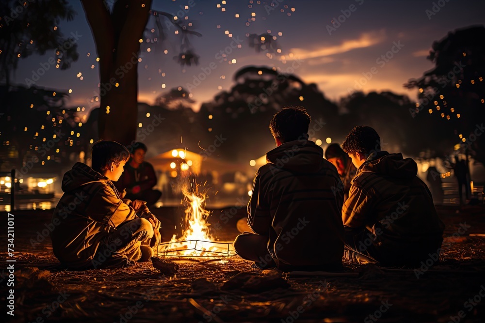 Boy Scouts share stories under Orion stars by the fire., generative IA