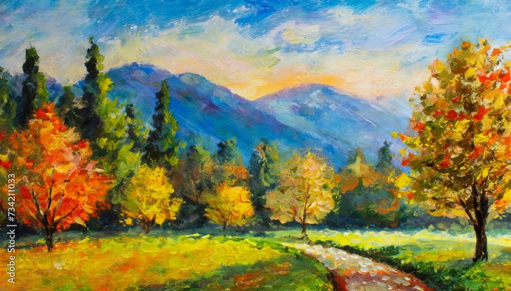 oil painting landscape colorful trees hand painted impressionist outdoor landscape