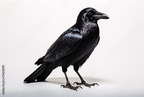 a black bird standing on a white surface