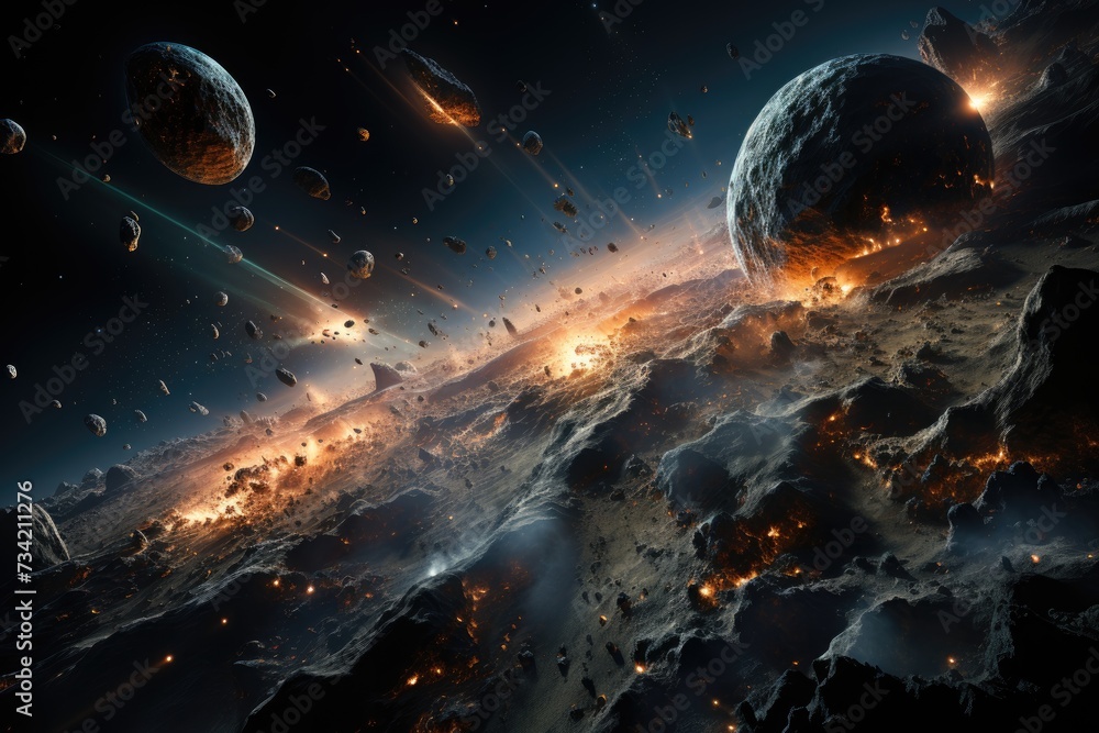Ships exploring asteroid in stellar scenario., generative IA - obrazy, fototapety, plakaty 