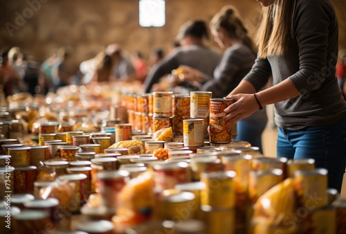 a group of people standing in a line with cans of food