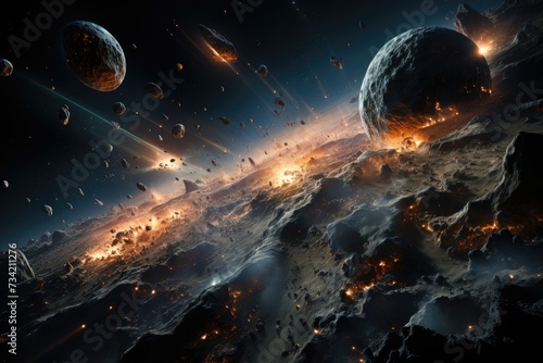 Ships exploring asteroid in stellar scenario., generative IA photo