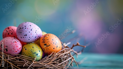  a close up of a nest of eggs with speckled eggs on a blue and green background with a blurry background behind the eggs are in a bird's nest.