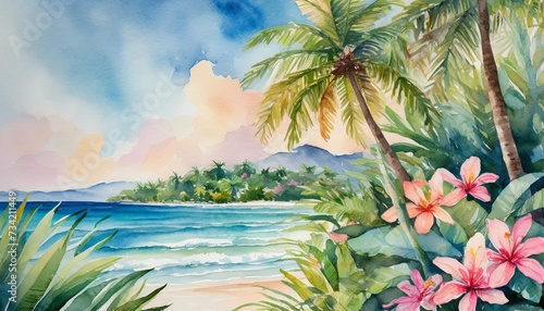 lush tropical plants and graceful palm trees ocean landscape soothing palette of delicate pastel hues painted in watercolour illustration