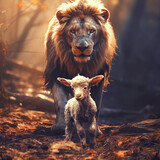 Lion and lamb in the forest