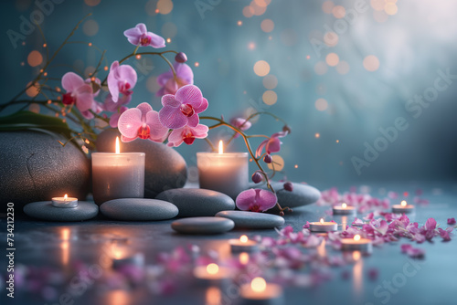 Spa concept with zen basalt stones  candles and orchids