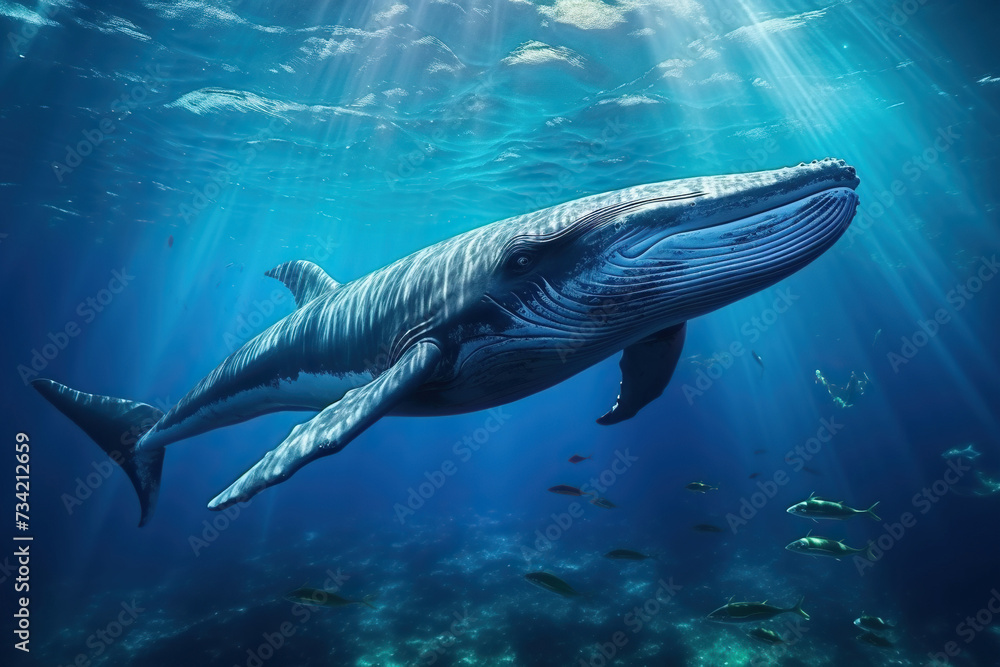 Fototapeta premium A humpback whale swims underwater. Generated by artificial intelligence