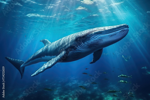 A humpback whale swims underwater. Generated by artificial intelligence © Vovmar