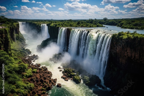 Igua  u Falls impressive waterfalls and lush vegetation.  generative IA
