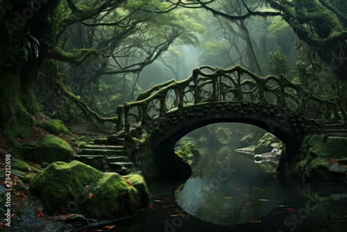 Intricate Oriental forest bridge. Oriental architecture. Generate Ai