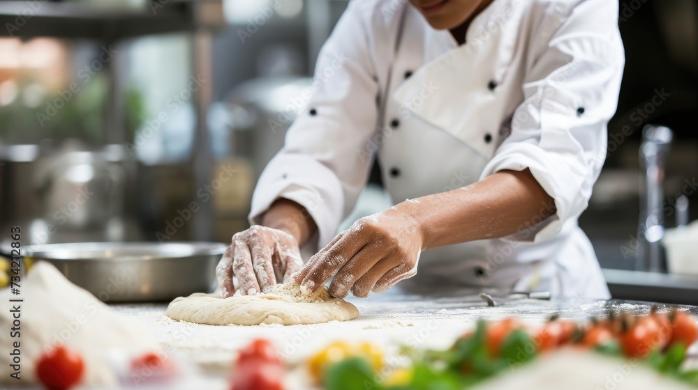 A focused chef kneads pizza dough on a counter with fresh ingredients like basil and tomatoes in a professional kitchen environment. A focused chef kneads pizza dough on a counter with fresh ingredients like basil and tomatoes in a professional kitchen environment.