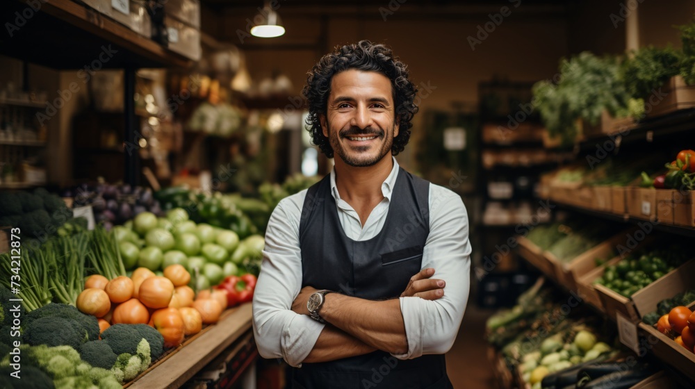 a man standing in a grocery store with his arms crossed