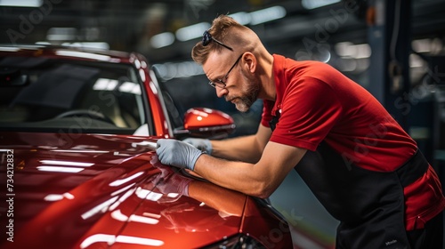 a man in a red shirt and gloves working on a car