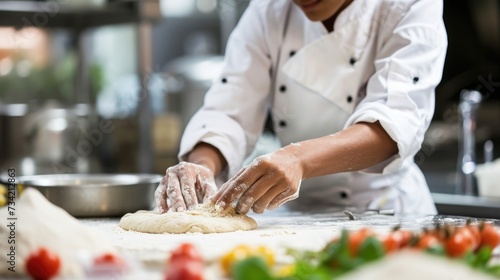 A focused chef kneads pizza dough on a counter with fresh ingredients like basil and tomatoes in a professional kitchen environment.