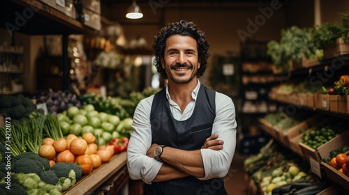 a man standing in a grocery store with his arms crossed © ion