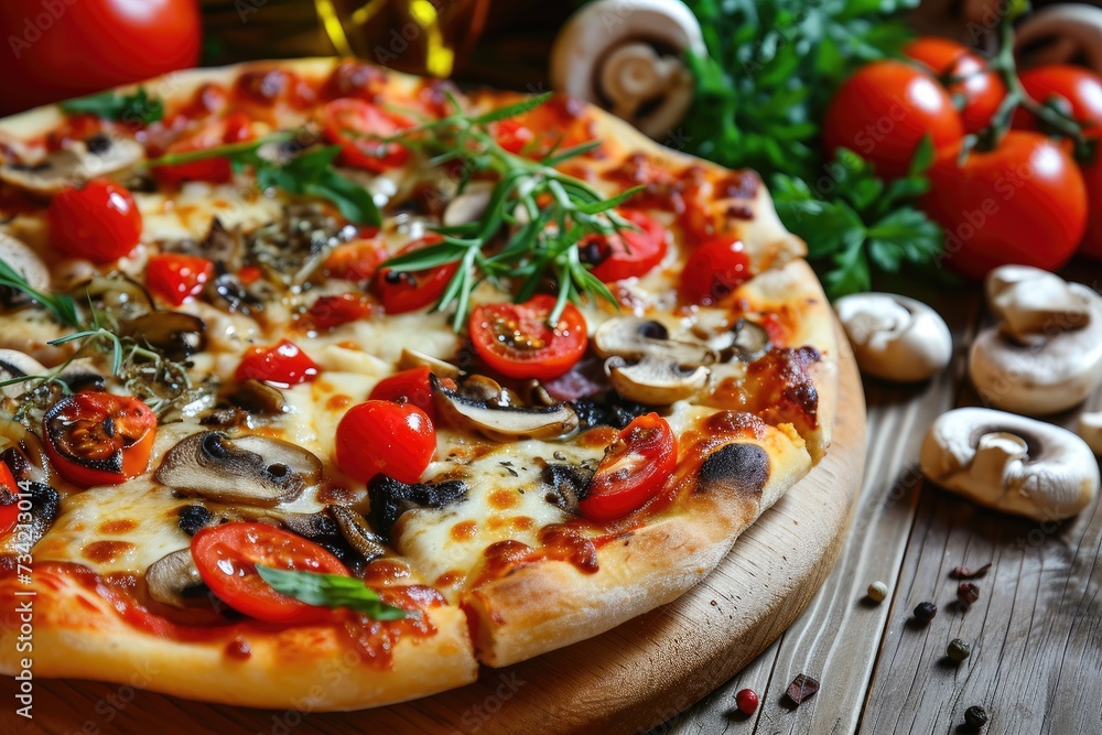 Close-up of a supreme pizza topped with pepperoni, olives, cheese, and cherry tomatoes, garnished with fresh basil leaves. Close-up of a supreme pizza topped with pepperoni, olives, cheese, and cherry tomatoes, garnished with fresh basil leaves.