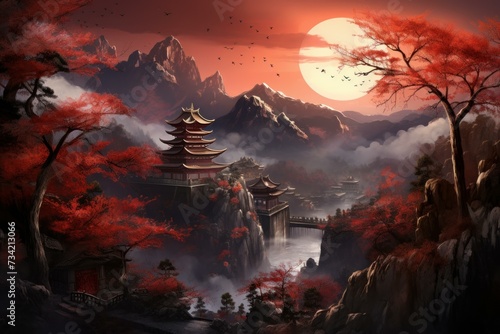 Enchanting Oriental lanscape. Japan art sky. Generate Ai