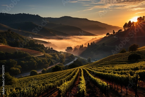 Magic dawn on hill vineyards., generative IA