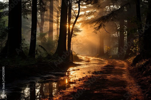 Magic Dawn illuminating serene forest., generative IA