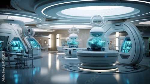 futuristic medical research laboratory sterile white interior design illustration with blue green neon light © Dina