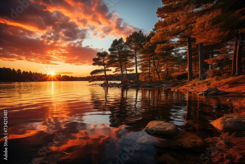 Golden sunset reflecting on a quiet lake., generative IA © JONATAS