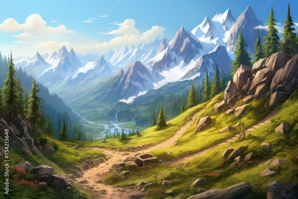 trail for hiking in the mountains. beautiful green valley in summer or spring with peaks view on sunny day illustration