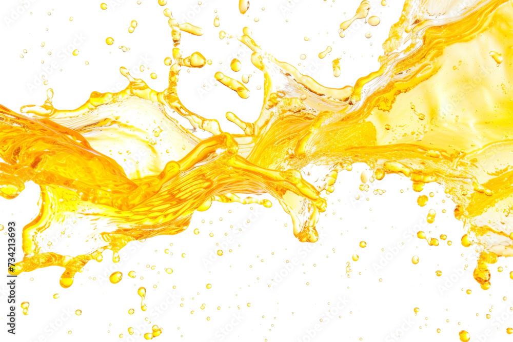 Yellow colored water splashes and drops isolated on transparent background. Abstract background with orange juice wave Yellow colored water splashes and drops isolated on transparent background. Abstract background with orange juice wave