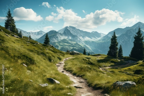 trail for hiking in the mountains. beautiful green valley in summer or spring with peaks view on sunny day illustration